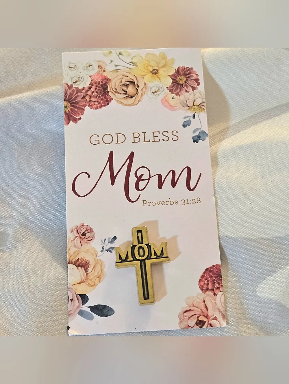 God Bless Mom Cross-Shaped Lapel Pin with Prayer Card